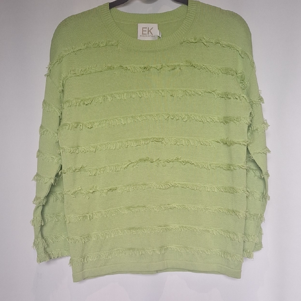 EK by Edinburgh Knitwear Light Lime Green Stripe Fringe Crew Sweater Size S